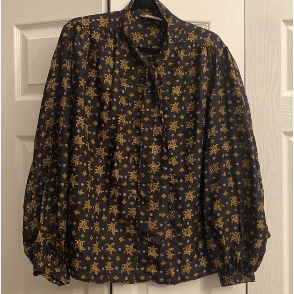 Iwan Tirta Genuine Wax Batik‎ Blouse Womens Size M Black Gold Silk Tie Neck Top